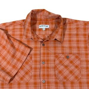 Orvis Plaid Button Down Shirt Men's XL Orange Short Sleeve Outdoor Fishing